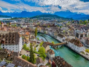 Aerial view of Lucerne, Switzerland with the Alps in the background