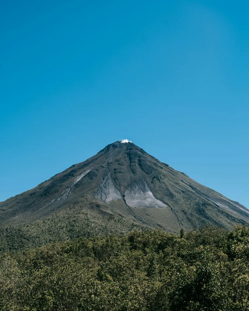 Arenal Volcano's conical peak against a clear blue sky, with a small plume of vapor rising from the crater and rainforest canopy in the foreground