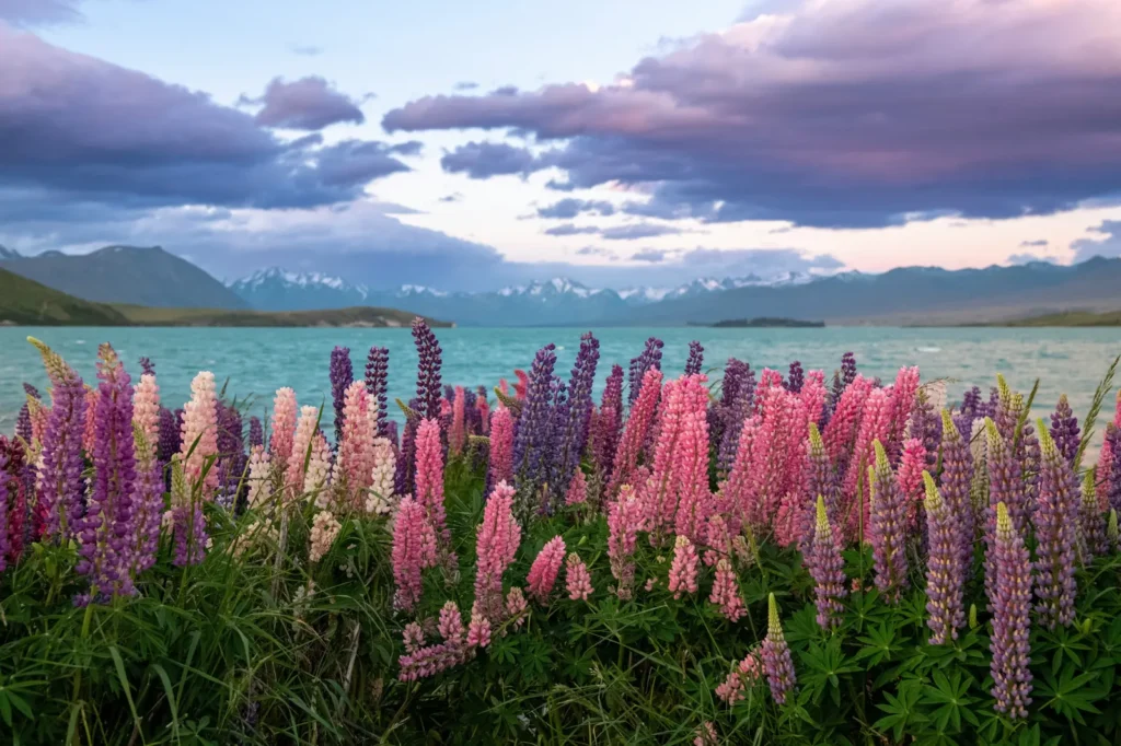 Pink and purple lupins blooming along the shore of Lake Tekapo in early summer