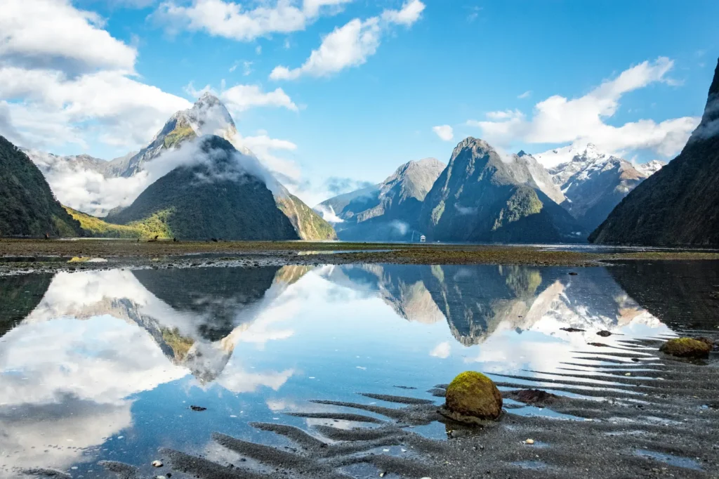 Mitre Peak reflected in the still waters of Milford Sound, Fiordland