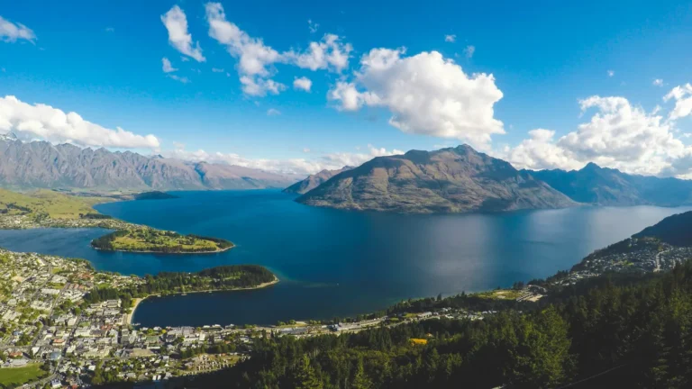 Aerial view of Queenstown township on Lake Wakatipu with the Remarkables mountain range