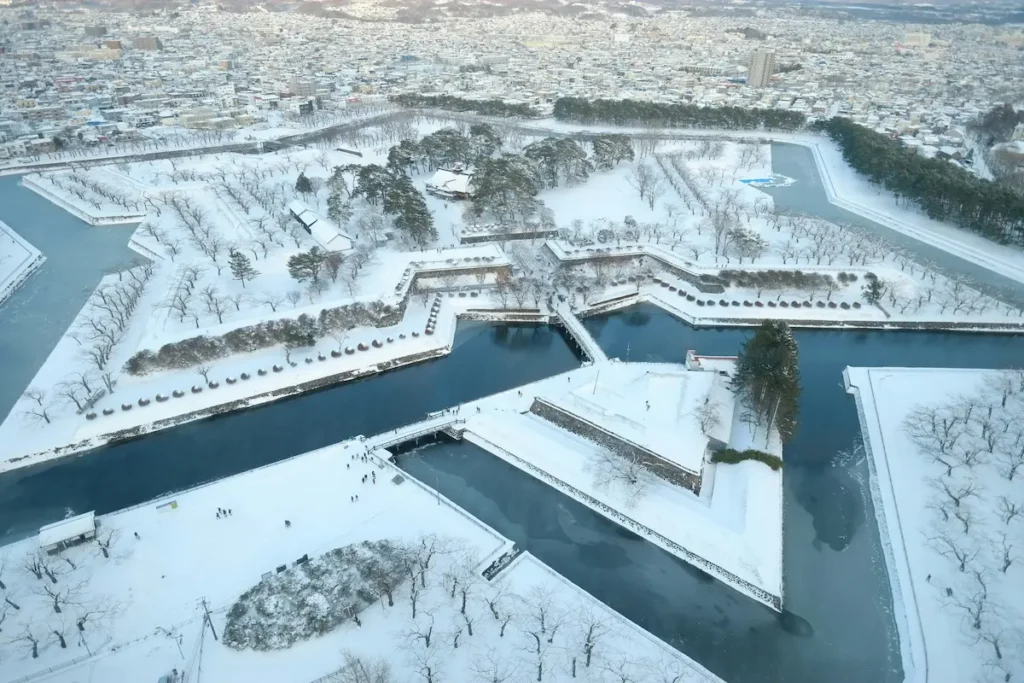Aerial view of Goryokaku star fort covered in snow, Hakodate, Hokkaido