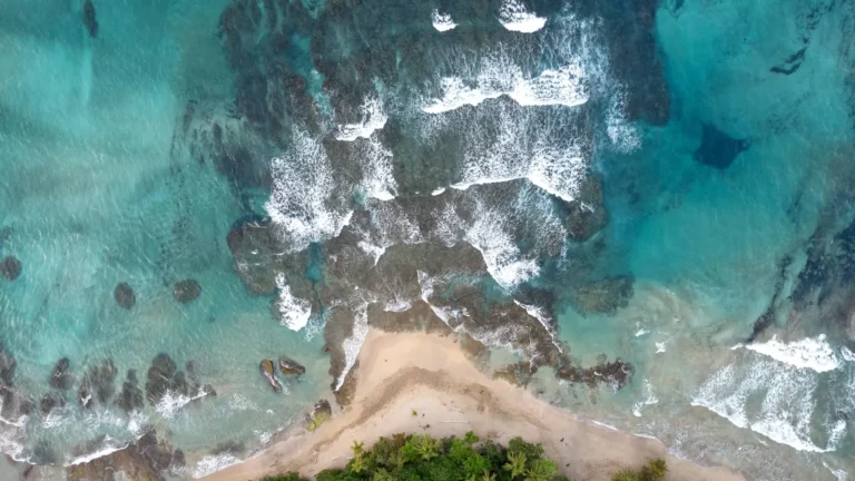 Aerial view of a rocky Costa Rica coastline where dense green rainforest meets turquoise Pacific waves