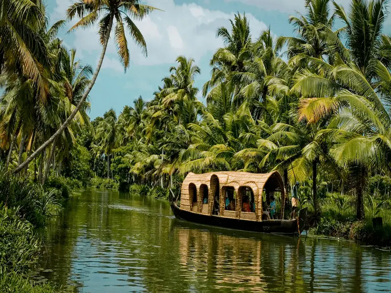 Traditional houseboat gliding through the Kerala backwaters, framed by coconut palms