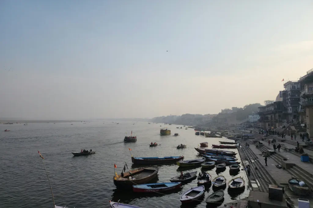 Boats along the ghats of the Ganges River in Varanasi, India