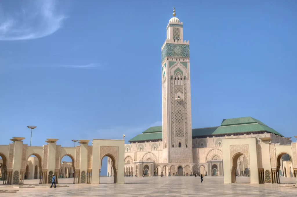 Hassan II Mosque in Casablanca, Morocco, with its towering minaret against a clear blue sky