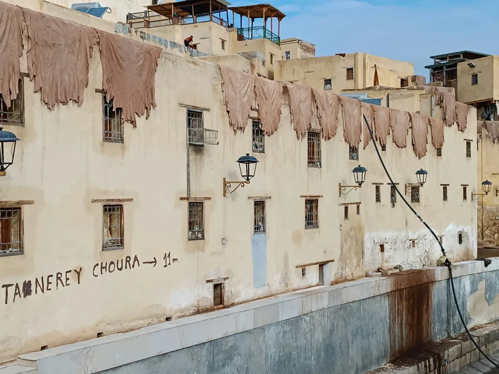 Traditional leather tannery rooftops in Fes, Morocco, with hides drying over stone walls above the old medina