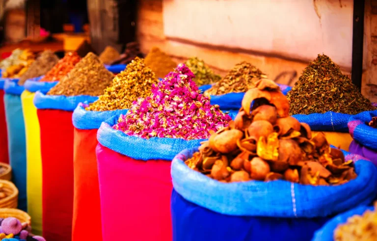 Spice stalls in a Marrakech souk, Morocco