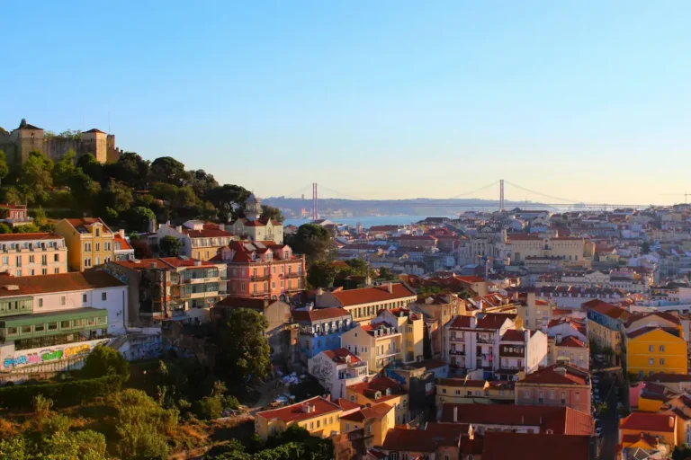 Lisbon skyline with São Jorge Castle and Ponte 25 de Abril bridge at sunset