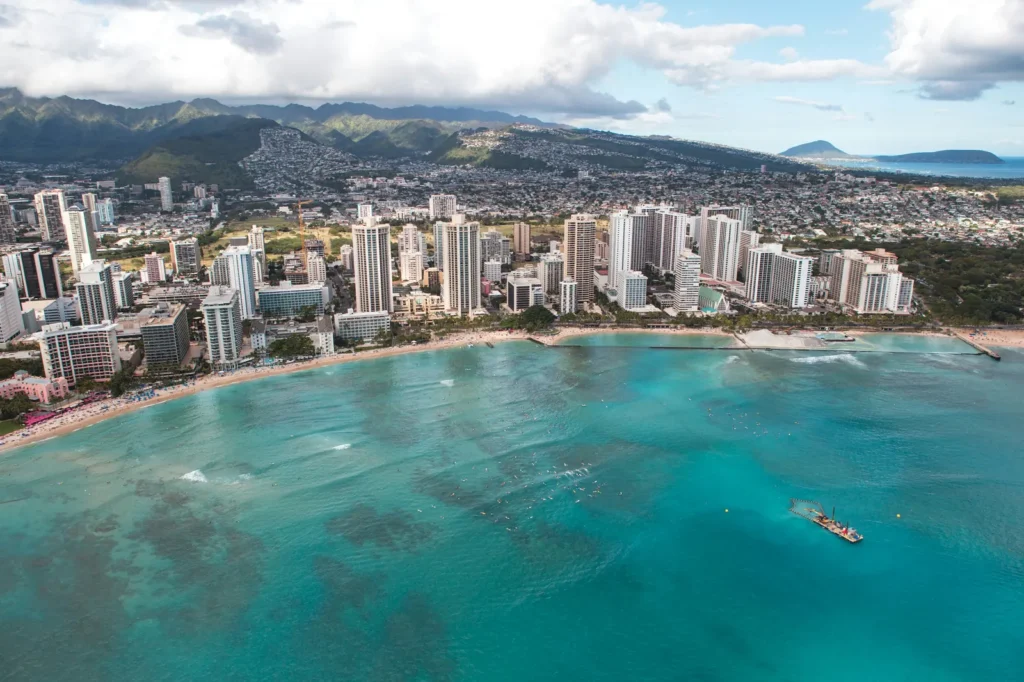 Aerial view of Waikiki Beach and the pink Royal Hawaiian Hotel, Oahu