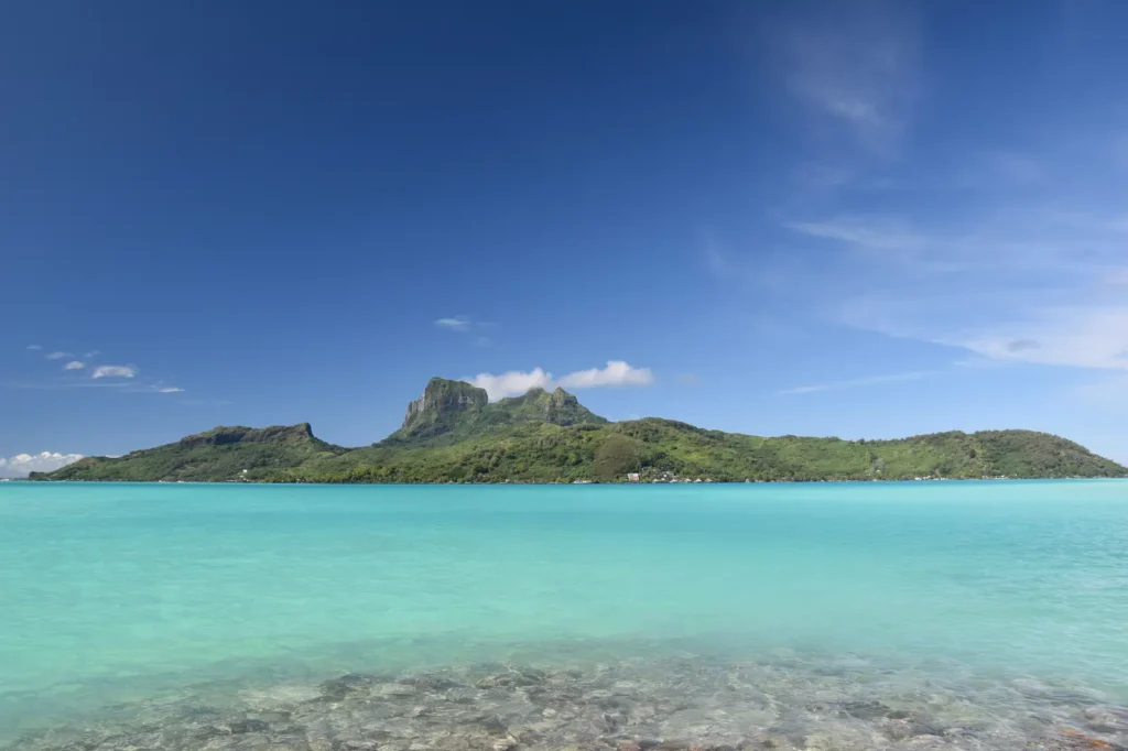View of Bora Bora's Mount Otemanu across the turquoise lagoon