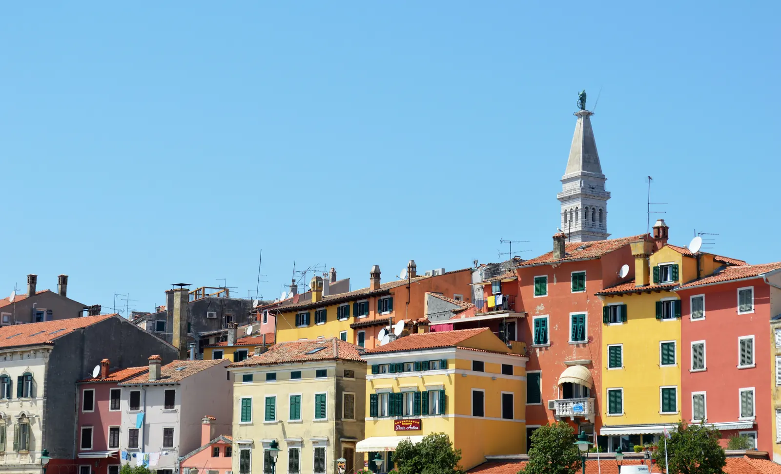 Colorful old town buildings and bell tower in Rovinj, Istria, Croatia