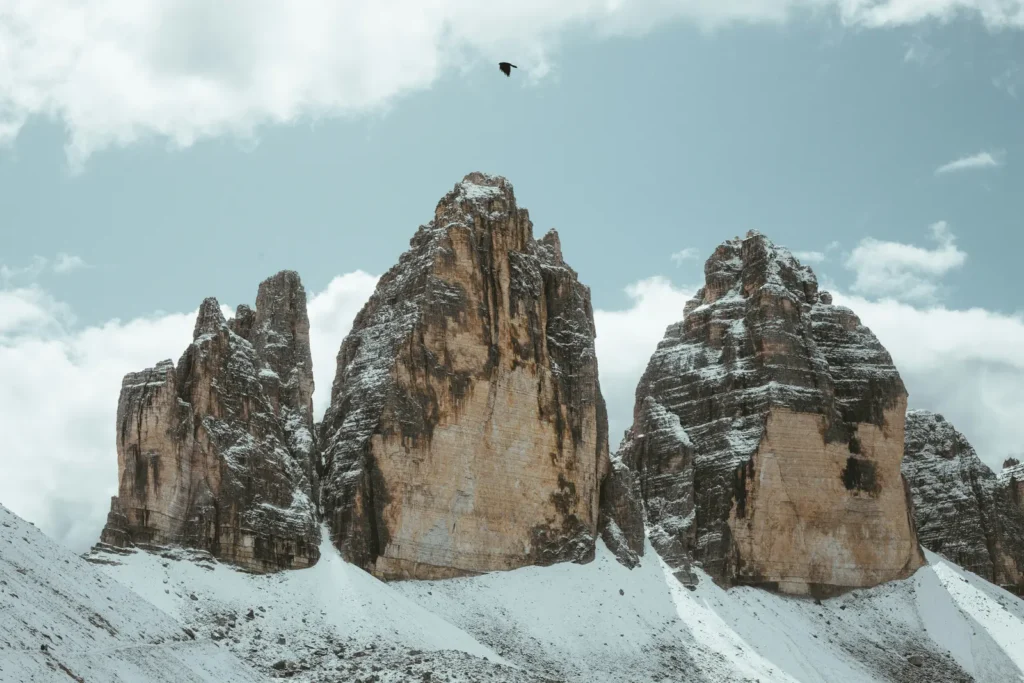 Tre Cime di Lavaredo peaks in the Dolomites with snow
