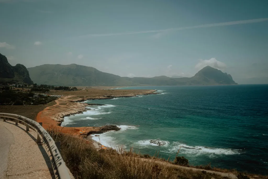 Sicily's coastline near Trapani with mountains in the background