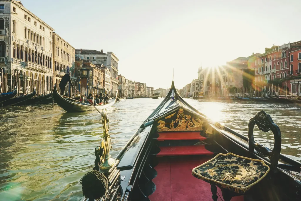 Gondola on Venice's Grand Canal at golden hour