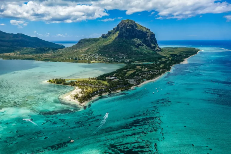 Aerial view of Le Morne Brabant mountain and turquoise lagoon in Mauritius