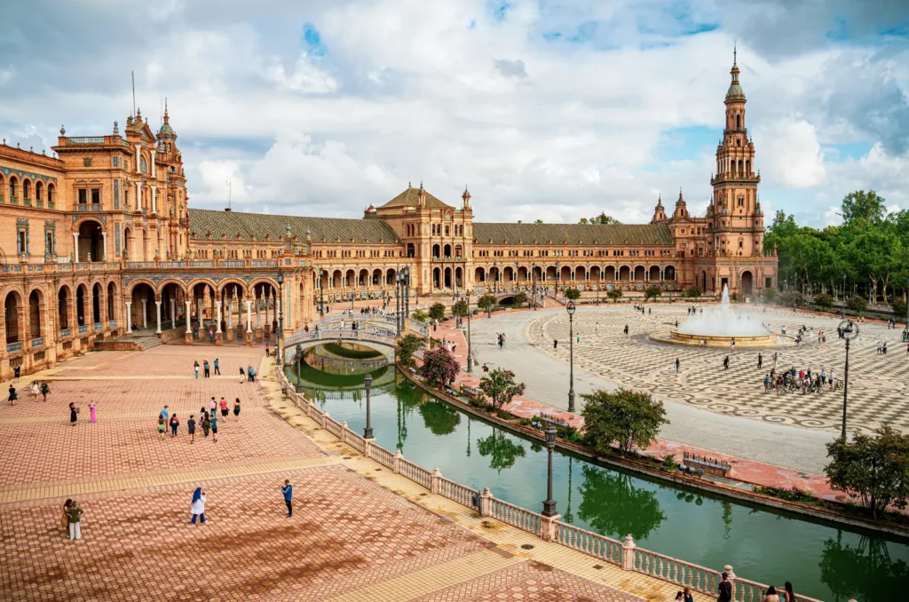 Plaza de España in Seville, Spain, with its canal, bridges, and tiled towers