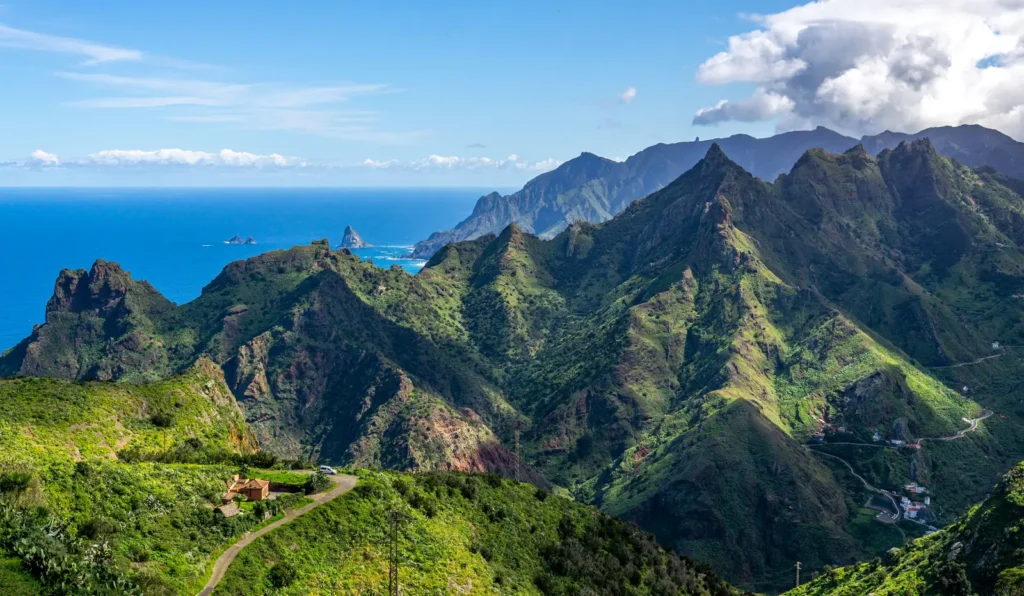 The rugged, green Anaga mountains of Tenerife, Canary Islands, meeting the Atlantic coastline