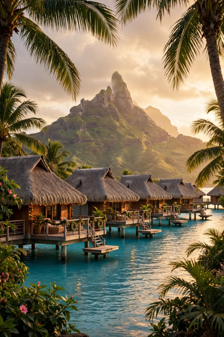 Bora Bora lagoon at golden hour in December, turquoise water glowing under a warm sunset sky