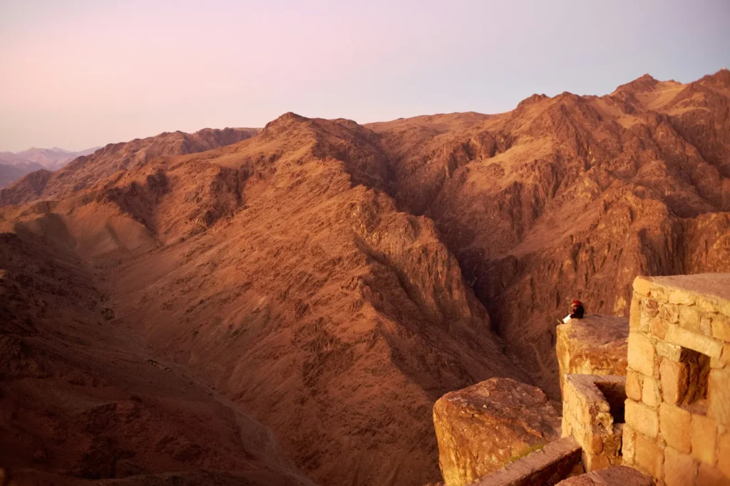 Red granite mountains of the Sinai Peninsula glowing at dawn in Egypt
