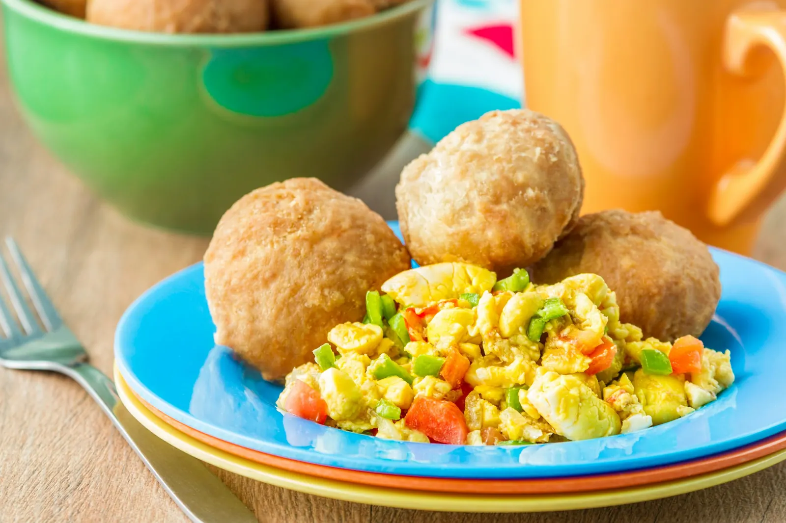 Ackee and saltfish with fried dumplings, a traditional Jamaican breakfast