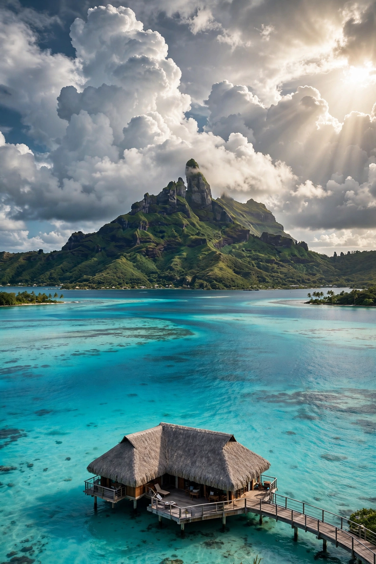 Overwater bungalow over a turquoise lagoon in Bora Bora, January